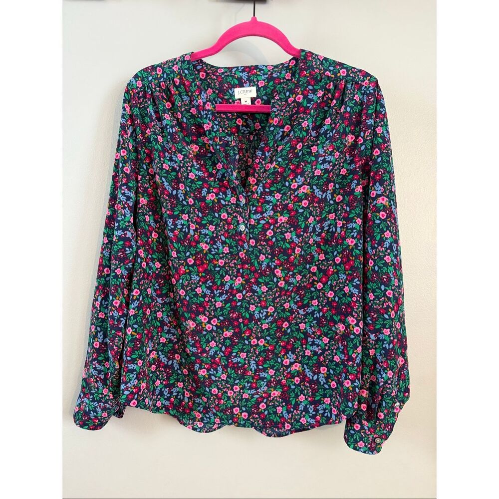 J. Crew Popover Floral Placket Blouse Women’s Size M
